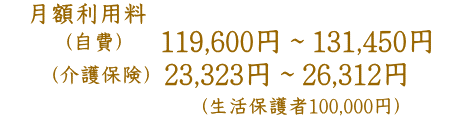 月額利用料（自費）119,600円～131,450円（介護保険）23,323円～26,312円（生活保護者106,000円）