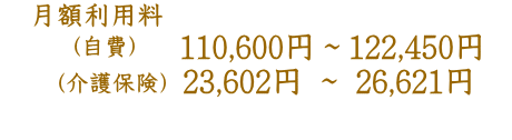 月額利用料（自費）110,600円～122,450円（介護保険）23,602円～26,621円）